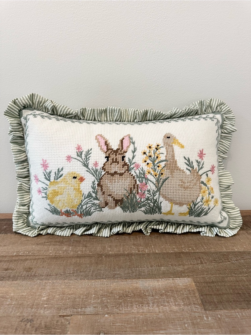 Easter Needlepoint Pillow Chick Bunny Duckling Floral GrannyCore Cottage 17 x 10 - Picture 1 of 10
